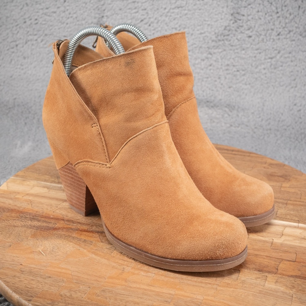 Kork Ease Boots Women's Sz 7.5 Camel Tan Suede Leather Ankle Booties 4" Heel